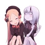  2girls abigail_williams_(fate/grand_order) bags_under_eyes bangs black_bow black_dress black_headwear blonde_hair blue_eyes blush bow breasts closed_eyes closed_mouth daisi_gi dress fate/grand_order fate_(series) forehead hair_between_eyes hair_bow hair_ornament highres horns laughing lavinia_whateley_(fate/grand_order) long_hair long_sleeves looking_at_another multiple_bows multiple_girls multiple_hair_bows open_mouth orange_bow pale_skin parted_bangs polka_dot polka_dot_bow simple_background single_horn sleeves_past_fingers sleeves_past_wrists small_breasts smile very_long_hair violet_eyes white_background white_bloomers 