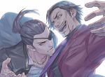  2boys angry battle black_eyepatch black_hair black_jacket black_shirt black_suit chain collarbone commentary_request dress_shirt ear_piercing evil_smile eyepatch facial_hair fighting_stance forehead formal goatee gold_chain hair_pulled_back jacket jewelry lapel_pin leaning_forward looking_at_another majima_gorou male_focus medium_hair multiple_boys necktie neckwear nishitani_homare open_collar open_hand open_mouth parted_hair piercing pinstripe_shirt ponytail purple_neckwear red_eyes red_suit ryuu_ga_gotoku ryuu_ga_gotoku_0 shirt short_hair simple_background smile suit talgi teeth upper_body v-shaped_eyebrows white_background white_shirt 