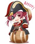  1girl ascot barrel black_coat chibi coat commentary_request crossed_legs eyebrows_visible_through_hair eyepatch felutiahime hair_between_eyes hat highres hololive houshou_marine looking_at_viewer pirate_hat red_eyes red_neckwear red_shirt red_skirt redhead shirt simple_background sitting skirt sleeves_past_wrists solo thigh-highs virtual_youtuber white_background 