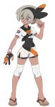  1girl bangs black_bodysuit black_hairband bodysuit bodysuit_under_clothes bow_hairband closed_mouth collared_shirt covered_navel dynamax_band eyelashes full_body gloves grey_eyes grey_hair gym_leader hair_between_eyes hairband hand_up highres knee_pads official_art pokemon pokemon:_twilight_wings pokemon_(game) pokemon_swsh print_shirt print_shorts saitou_(pokemon) sandals shirt short_hair short_sleeves shorts simple_background single_glove solo tied_shirt toes white_background 