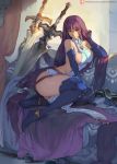  1girl altina bare_shoulders bed blue_eyes blue_gloves blue_legwear breasts commentary cutesexyrobutts elbow_gloves fire_emblem gloves highres long_hair looking_at_viewer nintendo purple_hair sideboob solo sword thick_thighs thigh-highs thighs very_long_hair weapon 
