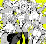  1girl animal_ears bangs boku_no_hero_academia breasts bunny_tail carrot commentary food gloves green_background greyscale grin groin hair_between_eyes hand_on_hip holding holding_food large_breasts leotard long_hair looking_at_viewer mirko monochrome multiple_views muscle muscular_female open_mouth parted_bangs rabbit_ears simple_background smile tail takatsuki_ichi teeth thick_thighs thigh-highs thighs 