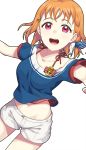  1girl :d ahoge anchor bangs blue_shirt bow chu_kai_man collarbone dutch_angle eyebrows_visible_through_hair hair_bow hair_ornament love_live! love_live!_sunshine!! midriff navel off-shoulder_shirt off_shoulder open_mouth orange_hair outstretched_arms red_eyes red_tank_top round_teeth shirt shorts smile solo spaghetti_strap star_(symbol) star_hair_ornament takami_chika tank_top teeth unbuttoned_shorts upper_body white_background white_shorts 
