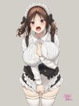  1girl bangs black_skirt blush breasts brown_eyes brown_hair buttons dress_shirt frills highres large_breasts long_hair long_sleeves looking_at_viewer maid_headdress oekakizuki open_mouth original parted_bangs shirt sidelocks simple_background skirt thick_thighs thigh-highs thighs twintails white_legwear 