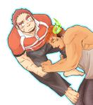  2boys alternate_costume animal_ears bangs bara beard blush brown_hair chest couple facial_hair feathers forked_eyebrows glowing_horns gunzo_(tokyo_houkago_summoners) horns lap_pillow looking_at_viewer male_focus multiple_boys muscle native_american pectorals pole2walker2 scar sleeping sleeping_on_person tank_top thick_eyebrows tokyo_houkago_summoners upper_body wakan_tanka yaoi 