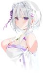  1girl alternate_hairstyle bare_shoulders breasts emilia_(re:zero) flower hair_flower hair_ornament hand_up highres looking_at_viewer medium_breasts pointy_ears re:zero_kara_hajimeru_isekai_seikatsu short_hair silver_hair solo upper_body violet_eyes yuuko_(030_yuko) 