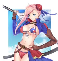  1girl american_flag_bikini asymmetrical_footwear asymmetrical_gloves asymmetrical_hair bangs belt beltskirt bikini blue_eyes breasts brown_gloves bun_cover choker cowboy_shot elbow_gloves fate/grand_order fate_(series) fingerless_gloves flag_print gao_kawa gloves gunblade hair_bun half-skirt highres long_hair medium_breasts miyamoto_musashi_(fate/grand_order) miyamoto_musashi_(swimsuit_berserker)_(fate) multi-strapped_bikini navel pink_hair print_swimsuit shrug_(clothing) side_bun single_elbow_glove single_hair_intake single_sidelock single_thigh_boot solo swept_bangs swimsuit under_boob weapon 