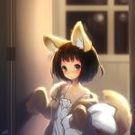  1girl animal_ears black_hair blurry blurry_background brown_eyes cat door fox_ears fox_tail holding holding_pillow igni_masayoshi indoors original pajamas paws pillow short_hair solo standing tail watermark 