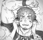  1other animal_ears bangs bara beard blush chest facial_hair forked_eyebrows glowing_horns greyscale highres horns isuke looking_at_viewer male_focus monochrome one_eye_closed open_mouth pectorals smile sportswear thick_eyebrows tokyo_houkago_summoners upper_body wakan_tanka 