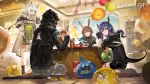  1boy 3girls absurdres alchemaniac amiya_(arknights) animal_ear_fluff animal_ears arknights balloon bangs bare_shoulders black_jacket blue_eyes blue_hair blush breasts brown_hair cat_ears cellphone ch&#039;en_(arknights) choker doctor_(arknights) dragon_horns dragon_tail dress food gloves grani_(arknights) green_dress green_eyes hair_between_eyes highres holding holding_food holding_pen holding_phone hood hooded_jacket horns indoors jacket jessica_(arknights) jewelry kal&#039;tsit_(arknights) long_hair long_sleeves looking_at_viewer medium_breasts multiple_girls official_art open_clothes open_jacket open_mouth pen phone ponytail rabbit_ears red_eyes ring seiza shirt short_hair shorts sidelocks silver_hair sitting skadi_(arknights) sleeveless smartphone smile sweatdrop swire_(arknights) tail thighs 