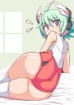  1girl ahoge ass azure_striker_gunvolt azure_striker_gunvolt_2 bare_shoulders bed blue_eyes blush cougar1404 from_behind green_hair headgear huge_ass leotard looking_at_viewer lying on_side roro_(gunvolt) shiny shiny_hair shiny_skin short_hair solo thigh-highs 