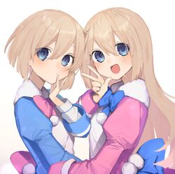  2girls absurdres blue_bow blue_dress blue_eyes blue_neckwear blush bow bowtie brown_hair buran_buta dress hair_between_eyes hand_up happy hat highres long_hair looking_at_viewer medium_hair multiple_girls neptune_(series) open_mouth pink_bow pink_dress pink_neckwear ram_(neptune_series) rom_(neptune_series) siblings simple_background sisters smile twins v very_long_hair white_background 