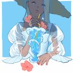 1girl blue_background blue_eyes cup dark_skin drinking_straw flower hat highres holding_drinking_straw looking_at_viewer mu_mashu original parted_lips pink_flower red_nails see-through_sleeves solo sparkle upper_body waves 