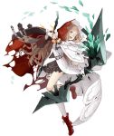  1girl :d arrow_(projectile) asymmetrical_legwear blonde_hair boots bow_(weapon) cloak cross-laced_footwear eyepatch frills full_body gloves hood hooded_cloak ji_no long_hair looking_at_viewer official_art open_mouth orange_eyes single_glove single_thighhigh sinoalice smile solo thigh-highs torn_cloak torn_clothes transparent_background upper_teeth weapon white_gloves 