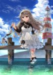  1girl anbiya_h bird brown_eyes character_request clouds copyright_request day dock dress highres light_brown_hair lighthouse long_hair looking_at_viewer ocean outdoors sandals seagull sky smile solo summer sundress water white_dress 
