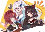  3girls :d adjusting_eyewear akym ange_katrina animal_ears bird black_hair blue-framed_eyewear blue_eyes blue_neckwear book dog_ears dog_hair_ornament flower glasses hair_flower hair_ornament heart heart_print heterochromia highres inui_toko lize_helesta long_sleeves looking_at_viewer monocle multiple_girls necktie nijisanji open_book open_mouth rattle red_eyes redhead sebastian_piyodore short_hair smile twitter_username two-tone_background violet_eyes white_background white_hair yellow_background yellow_eyes 