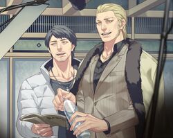  2boys black_hair blonde_hair bottle brown_suit coat coat_on_shoulders doujima_daigo facial_hair gouda_ryuuji holding holding_bottle indoors jewelry long_sleeves magazine male_focus multiple_boys necklace ryuu_ga_gotoku ryuu_ga_gotoku_2 scar sideburns talgi 