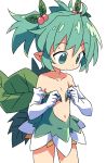  1girl adjusting_clothes ahoge cherry_hair_ornament commentary_request cowboy_shot dress elbow_gloves fairy flat_chest food_themed_hair_ornament gloves green_dress green_eyes green_hair hair_ornament highres konoha_(shinrabanshou) navel plant_wings pointy_ears roku_no_hito shinrabanshou simple_background solo twintails white_background white_gloves wings 