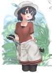  1girl :d absurdres backpack bag bangs black_eyes black_gloves black_hair black_legwear collarbone commentary cropped_legs gloves hair_between_eyes hat_feather highres kaban_(kemono_friends) kemono_friends kona_ming legwear_under_shorts looking_away open_mouth pantyhose red_shirt shirt short_hair short_sleeves shorts smile solo white_headwear white_shorts 