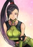  1girl arm_warmers black_gloves breasts choker dragon_quest dragon_quest_xi facing_viewer fingerless_gloves gloves green_choker leaning_forward long_hair looking_at_viewer martina_(dq11) medium_breasts midriff ponytail smile solo usui_natrium violet_eyes 