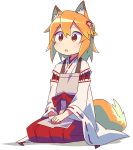  1girl :o animal_ear_fluff animal_ears brown_eyes commentary_request flower fox_ears fox_girl fox_tail full_body hair_flower hair_ornament hands_on_lap highres japanese_clothes miko orange_hair roku_no_hito seiza senko_(sewayaki_kitsune_no_senko-san) sewayaki_kitsune_no_senko-san short_hair simple_background sitting solo tail white_background wide_sleeves 