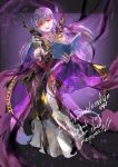  1girl absurdres aura belt black_dress book cape casting_spell commission commissioner_upload dark_aura dark_persona dress evil_smile feathers fire_emblem fire_emblem:_the_binding_blade fire_emblem_heroes full_body highres holding holding_book huge_filesize ikuyoan long_dress long_hair magic open_mouth purple_hair red_eyes serious signature smile solo sophia_(fire_emblem) very_long_hair 