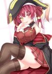  1girl blush breasts crossed_legs hat heterochromia highres hololive houshou_marine large_breasts looking_at_viewer medium_hair pirate_hat redhead sitting sleeveless solo thigh-highs tongue tongue_out virtual_youtuber yuano 