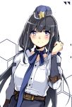  1girl belt black_hair blush brown_belt character_request eyebrows_visible_through_hair flugel_(kaleido_scope-710) girls_frontline hand_up hat highres long_hair looking_at_viewer neck_ribbon ribbon shirt smile solo uniform violet_eyes white_background white_shirt 