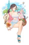  1girl 7-eleven absurdres aircraft bag black_hair blue_shorts brown_eyes bubble_tea character_request copyright_request dumpling feet food fried_chicken ground_vehicle highres hot_air_balloon jacket legs long_hair looking_at_viewer motor_vehicle noodles outdoors pink_jacket ponytail sandals scooter shirt shorts sleeveless sleeveless_shirt solo taiwan toes white_shirt yang0926 