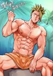  1boy abs achilles_(fate) bara bulge chest chun_(luxtan) fate/apocrypha fate_(series) green_hair looking_at_viewer male_focus manly muscle nipples pectorals pointing smile solo sweat towel_on_legs upper_body yellow_eyes 