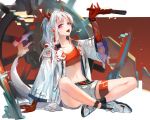  1girl :d arknights arm_support arm_up bandeau bangs bare_legs bead_bracelet beads belt black_belt bracelet braid eyebrows_visible_through_hair fang grey_footwear holding horns indian_style jacket jewelry long_hair long_sleeves looking_at_viewer midriff navel nian_(arknights) nima_(niru54) open_clothes open_jacket open_mouth pointy_ears shoes short_shorts shorts silver_hair single_braid sitting smile solo stomach strapless tail thighs tongue tongue_out tubetop violet_eyes white_jacket white_shorts wide_sleeves 