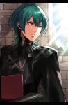  1boy absurdres bangs black_cape blue_eyes byleth_(fire_emblem) byleth_eisner_(male) cape fire_emblem fire_emblem:_three_houses green_hair hair_between_eyes highres male_focus parted_lips shiny shiny_hair shiyo_(jkke5275) short_hair solo sunlight upper_body 