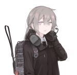  1girl asymmetrical_hair backpack bag black_gloves black_jacket black_neckwear collared_shirt expressionless from_side girls_frontline gloves grey_hair hair_between_eyes headset highres jacket long_hair long_sleeves looking_at_viewer m200_(girls_frontline) necktie open_mouth ponytail rampart1028 shirt simple_background solo upper_body violet_eyes white_background white_shirt 