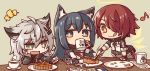  +++ 3girls :d :q afterimage animal_ear_fluff animal_ears apple_pie arknights bangs belt black_belt black_capelet black_gloves black_hair black_jacket blush brown_eyes capelet coffee coffee_mug commentary_request cup detached_wings drinking energy_wings exusiai_(arknights) eyebrows_visible_through_hair fang fingerless_gloves fork gloves green_eyes grey_eyes grey_gloves hair_between_eyes hair_ornament hair_over_one_eye hairclip halo hand_on_own_cheek holding holding_cup holding_fork id_card jacket kata_meguma lappland_(arknights) long_hair long_sleeves looking_at_another mug multiple_girls musical_note open_mouth paper plate red_eyes redhead scar scar_across_eye short_hair sidelocks silver_hair simple_background sitting skin_fang smile standing steam texas_(arknights) tongue tongue_out upper_body white_jacket wings wolf_ears 