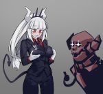  1girl 1other bangs black_neckwear blunt_bangs blush breasts demon_tail eyebrows_visible_through_hair formal gloves grabbing_own_breast grey_background helltaker highres horns long_hair lucifer_(helltaker) mole mole_under_eye open_mouth parted_lips red_eyes simple_background simplecar smile sparkle spikes standing suit tail thumbs_up tiara white_gloves white_hair 