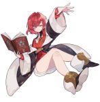  1girl akym ange_katrina blue_eyes book coat crossed_legs full_body hair_ornament highres holding holding_book long_sleeves magic nijisanji off-shoulder_coat one_eye_closed open_book outstretched_arm redhead short_hair simple_background smile solo tachi-e white_background 