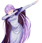  1girl absurdres blue_dress breasts cape cloak closed_eyes commission commissioner_upload dab_(dance) dress eikochipp feathers fire_emblem fire_emblem:_the_binding_blade highres jewelry long_hair long_sleeves medium_breasts purple_hair signature simple_background solo sophia_(fire_emblem) 