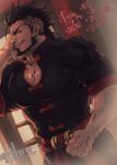  1boy bara beard black_hair chinese_clothes chun_(luxtan) cleavage_cutout collarbone facial_hair highres looking_at_viewer male_focus manly muscle original simple_background solo spiky_hair sweatdrop toned toned_male upper_body yellow_eyes 