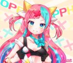  1girl black_gloves blue_bow blue_eyes blue_hair blush bow breasts brown_background collarbone commentary_request crop_top double_v gloves grin hair_ornament half_gloves long_hair looking_at_viewer multicolored_hair nanopai_kakumeikokonoyu off_shoulder pink_hair pinky_pop_hepburn sample signature small_breasts smile solo the_moon_studio twitter_username two-tone_hair two_side_up upper_body v v-shaped_eyebrows virtual_youtuber 