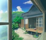  absurdres blinds blue_sky building bush chest_of_drawers clouds commentary_request day dirt electric_fan fence flower_pot forest gingham_vest grass highres hill hose house japanese_house landscape laundry_basket mountain nature no_humans original photo_(object) power_lines room rural scenery sky sliding_doors summer tatami veranda window wooden_floor 