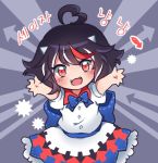  1girl :d arrow_(symbol) bangs black_hair blue_bow bow caramell0501 chibi eyebrows_visible_through_hair fangs horns kijin_seija multicolored_hair open_mouth outstretched_arms red_eyes short_hair skirt smile streaked_hair touhou 