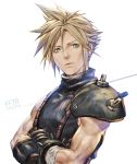  1boy armor biceps black_shirt blonde_hair blue_eyes character_name closed_mouth cloud_strife commentary copyright_name crossed_arms ear_piercing facing_viewer final_fantasy final_fantasy_vii final_fantasy_vii_remake gauntlets hair_between_eyes hand_wraps looking_away male_focus piercing shirt short_hair shoulder_armor simple_background sleeveless sleeveless_shirt sleeveless_turtleneck solo spiky_hair suspenders talgi toned toned_male turtleneck upper_body white_background 