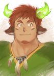  1boy animal_ears bangs beard blush brown_hair facial_hair feathers forked_eyebrows glowing_horns horns looking_at_viewer male_focus pole2walker2 sketch smile solo sportswear thick_eyebrows tokyo_houkago_summoners upper_body wakan_tanka 