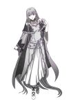  1girl absurdres cape cloak commission commissioner_upload dress expressionless fire_emblem fire_emblem:_the_binding_blade fire_emblem_cipher highres jewelry long_hair long_sleeves monochrome simple_background solo solry sophia_(fire_emblem) 