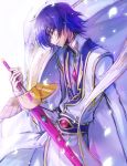  1boy c_(rahit) cape code_geass formal holding holding_sword holding_weapon lelouch_lamperouge long_sleeves parted_lips profile purple_hair smile solo standing sword violet_eyes weapon white_cape 