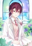  1boy absurdres androgynous bangs blurry blurry_background brown_eyes closed_mouth collared_shirt commentary_request depth_of_field flower formal hair_between_eyes highres huge_filesize jacket layered_sleeves long_sleeves looking_at_viewer low_ponytail male_focus medium_hair mochimori_kusunoki necktie open_clothes open_jacket original pink_flower pink_rose ponytail purple_flower redhead rose shirt smile solo sweater_vest upper_body white_jacket white_shirt 