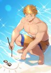  1boy abs bara blonde_hair blush chest day drawing full_body granblue_fantasy green_eyes higashigunkan male_focus male_swimwear muscle outdoors pectorals sand shiny shiny_hair shirtless shorts smile solo sparkle sunlight surprised swimwear toned toned_male vane_(granblue_fantasy) water 