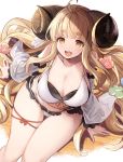  1girl ahoge anila_(granblue_fantasy) bikini blonde_hair breasts draph feb_itk from_above front-tie_top granblue_fantasy highres horns large_breasts long_hair looking_at_viewer sheep_horns short_eyebrows sitting smile solo swimsuit white_bikini yellow_eyes 