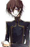  1boy ashford_academy_uniform bangs black_jacket brown_hair code_geass eyebrows_visible_through_hair hair_between_eyes highres jacket kokuchi lelouch_lamperouge long_sleeves male_focus parted_lips shiny shiny_hair simple_background smile solo violet_eyes white_background 