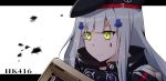  1girl bangs beret blue_hair character_name eyebrows_visible_through_hair flugel_(kaleido_scope-710) girls_frontline green_eyes hat highres hk416_(girls_frontline) long_hair looking_away serious simple_background solo_focus uniform 